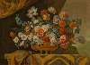 Tulips, poppies, roses, anemones and other flowers in an urn, on a draped stone ledge