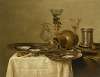 Three pewter plates with oysters, an over-turned stoneware jug, a silver salt cellar, a glass carafe, a roemer on a gilt cupholder