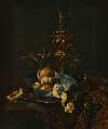 A gilt cup and cover, a roemer, a façon-de-venise glass, peaches, oranges and a peeled lemon in a porcelain bowl on a partially draped table