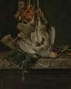 A partridge, a hunting horn, hawking hoods and a gold-trimmed green velvet hunting bag hanging above a marble ledge