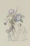 Ein Bouquet von blauen Winden, darunter ein sich voreinander verbeugendes Paar