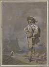 Ein Kavalier mit Hut, Mantel und Degen steht am Ufer des Meeres