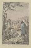 Einem pflügenden Mann mit einem Ochsengespann nähert sich eine Gruppe von barhäuptigen Männern, bei ihnen kniet ein Pferd
