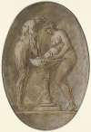 A naked man, standing on tiptoes, holds his hands in a basin into which a naked woman standing opposite the man is pouring water