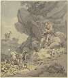 Schottischer Hirte mit seiner Ziegenherde vor einer Felswand sitzend, Dudelsack blasend