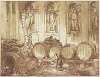 Weinlager in einer Nischenhalle mit vier Statuen antiker Gottheiten