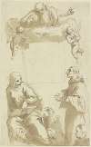 Gottvater mit Taube und Engeln über leerem quadratischem Feld, darunter Johannes der Evangelist und ein anderer anbetender Heiliger sowie die Köpfe von zwei Stiftern