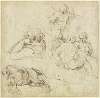 Study sheet with galloping horse, a woman in profile looking left, a group of figures on clouds and an angel