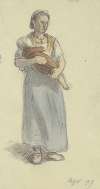 Bauersfrau in Hemdsärmeln, blauem Kleid, sie hat ein kleines Kind auf dem Armen