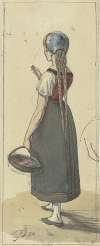 Ein Mädchen mit langen Zöpfen und einem Körbchen in Rückenansicht