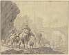 Eine Herde zieht durch Wasser unter einem Brückenbogen durch, gefolgt von einer Hirtin zu Pferde, einem Kinde zu Esel und dem Hirten zu Fuß