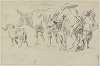 Hirte, der einen Esel besteigt, mit zwei Schafen und einer Kuh, rechts Skizze eines Hirtenbuben