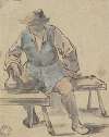 Sitzender Bauer, die Hand auf einen Krug gelegt, der vor ihm auf einer Bank steht