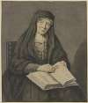 Sitzende alte Frau in einem Buch lesend, sie hält die Brille in der Hand, Kniestück