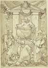 Der Heilige Benedikt mit aufgeschlagenem Buch auf einem Postament vor Aedicula und Kuppelansatz sitzend, neben ihm die Heiligen Johannes der Täufer und Lukas