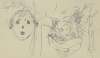 Kopf einer Frau mit Hut sowie eine – bei Drehung des Papiers um 180 Grad gezeichnete – schematische Fratze
