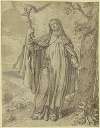 Eine heilige Nonne hält das Kruzifix in der Hand, der Heilige Geist schwebt über ihr, rechts ein Baum