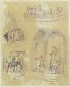 Studienblatt; eine Staatskarosse, Sänftenträger, ein Ritter mit seinem Gefangenen, Kirchgänger