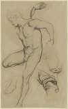 Männlicher Akt des Romeo aus ‘Romeo und Julia’, Variante mit angewinkelt aufgestütztem rechten Bein, daneben Draperie, Hände und ein Fuß