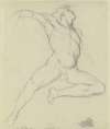 Männlicher Akt, kniend nach links, das rechte Bein stark gestreckt, den Oberkörper zurückgebeugt, den linken Arm sowie den Kopf erhoben
