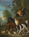 A Family Of Chickens Fending Off A Spaniel In A Landscape