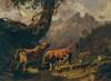 Stier, eine Kuh verfolgend, im Hintergrund Landschaft bei Carrara