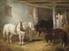 Three horses in a stable feeding from a manger