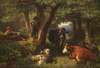 Hirtenkinder im Wald mit Kühen und Schafen