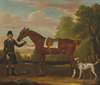 Lord Portmore’s ‘Snap’, a saddled chestnut hunter held by a groom, with a setter in a landscape
