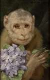 Monkey with a bouquet of violets