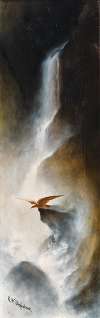 An eagle before a waterfall