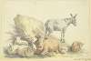 Eine Kuh, drei Schafe, ein Esel und ein Kälbchen