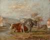 A sketch of two cows in a landscape