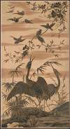 Two cranes and several smaller birds among blossoming trees