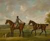 A groom with two bay hunters, with a hound, in a landscape