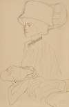 Bildnisskizze mit hohem Hut und liegende Frau