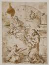 Den hellige Antonius af Padova knælende med Jesusbarnet i sine arme, mens Jomfru Maria og engle åbenbarer sig i skyen
