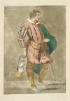 Man in doublet, breeches, tights, with mantle, sword, and hat