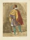 Man in maroon cape with gold lining, purple tunic and green tights