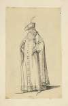 Man with beard in long cape, hat with plume, and pointed shoes