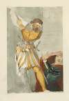 Man with beard in pantaloons and tights drawing back a long staff menacingly, frightened woman standing below