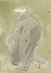 Monk or cleric with white hair and grey robe, kneeling–back view
