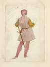 Rear view of man in a tunic and belt with sword, tights, gloves and hat with long tail