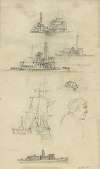 Broadside and bow views of eight ships and boats, and an unidentified profile bust portrait