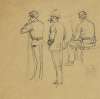Full-length rear-view sketches of three soldiers