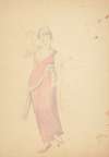 Full-length unfinished drawing of woman wearing a pink dress and shoes and holding plants, as a muse
