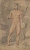 Male figure, nude, holding discus, right arm outstretched, seen from front