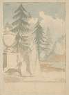Mourning scene with mother and two children by monument near pine trees
