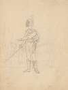 Sketch of a an officer holding sword, wearing sasha and busby