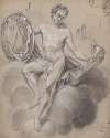 Seated male nude with coat of arms and trumpet